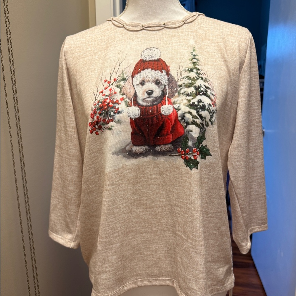 Alfred Dunner Beige three quarter Sleeve Tee with Holiday Puppy